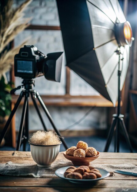 Photo stylish studio setup with freshly baked cupcakes and softbox lighting for photography best quality