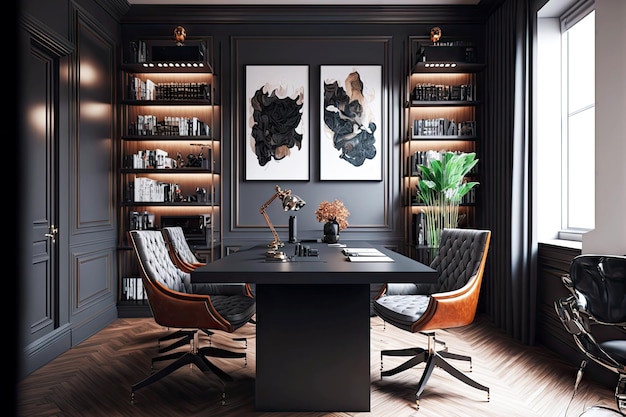 Stylish study with dark furniture and conference table