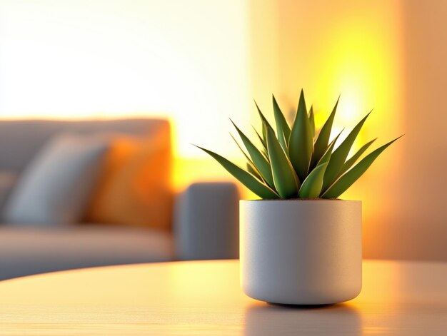 Photo stylish succulent plant on table with cozy living room background in warm light