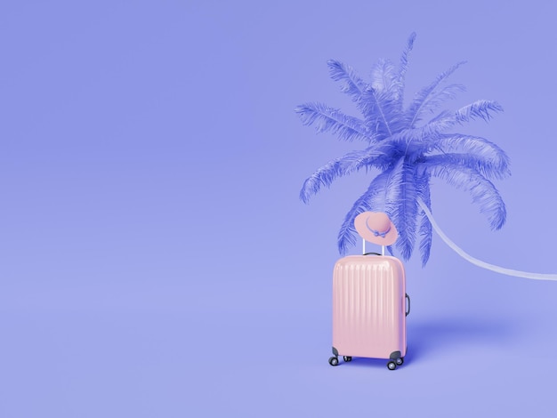 Stylish suitcase with hat placed in purple studio