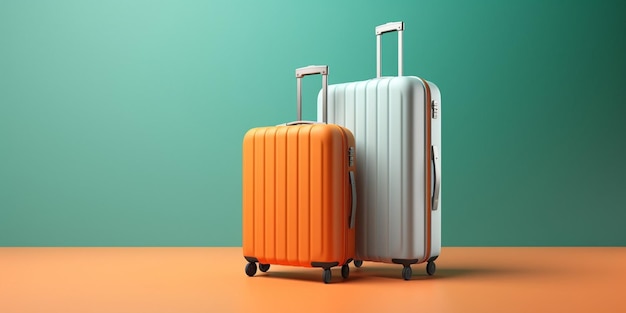 Stylish suitcases on color background Space for text Generative AI