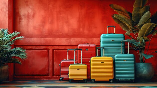 Stylish suitcases on red background Space for text the concept of travel