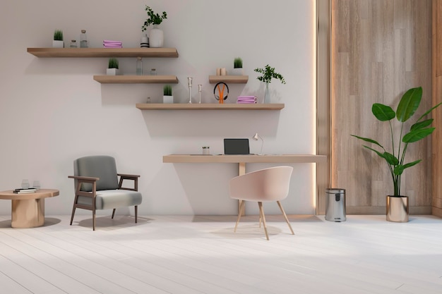 Stylish sunlit cabinet with laptop on workspace on light wall background with wooden shelves retro armchair on light floor and green plant in golden flowerpot 3D rendering