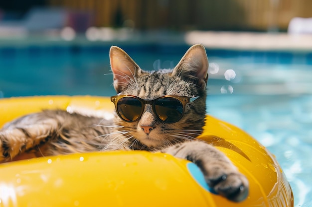 A stylish tabby cat wearing sunglasses lounges on a yellow swim ring in a sunny pool