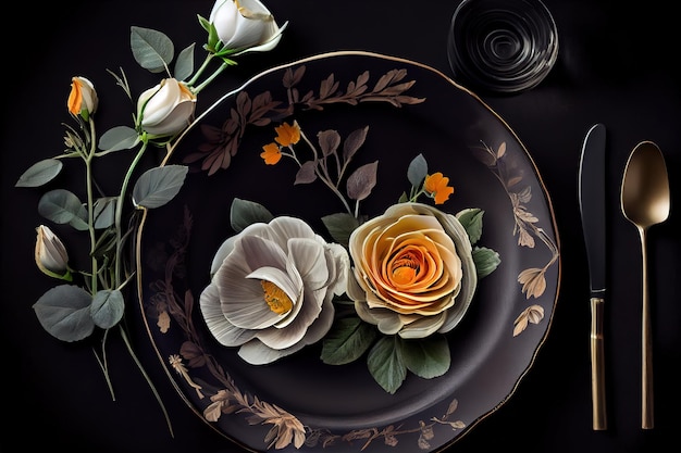 Stylish table setting at restaurant fancy plates and tender flowers on black background concept