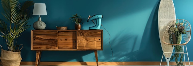 Stylish Teal Wall Interior Design with MidCentury Modern Cabinet and Plants