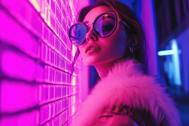 Photo stylish teen girl in neon lights 80s fashion vibe