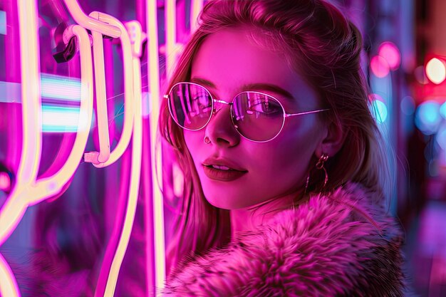 Photo stylish teen girl in neon lights urban fashion portrait