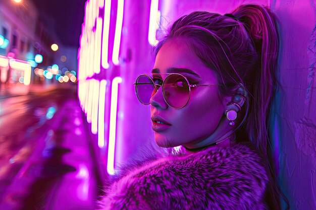 Photo stylish teen hipster girl in glasses on neon lit street