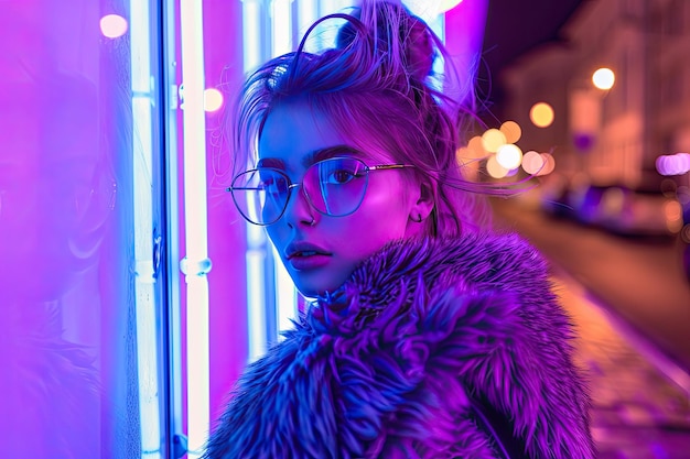 Photo stylish teen hipster girl in glasses on neon lit street