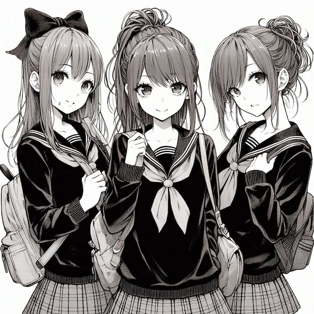 Stylish Three Anime Schoolgirls in Monochrome