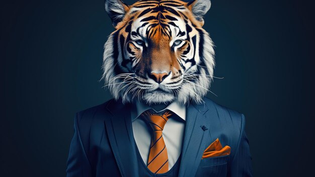 Stylish Tiger in Elegant Business Suit on Blue Background