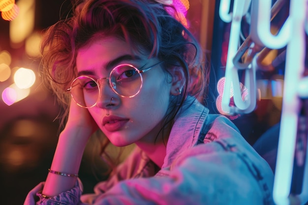 Photo stylish tomboy teen model in 80s city night portrait