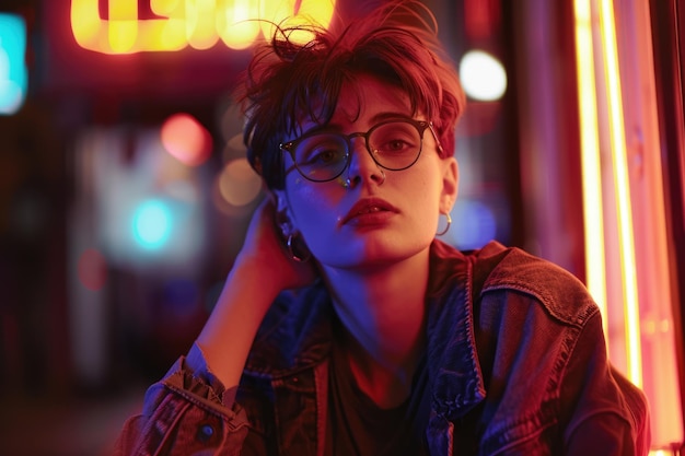 Photo stylish tomboy teen model in 80s city night portrait