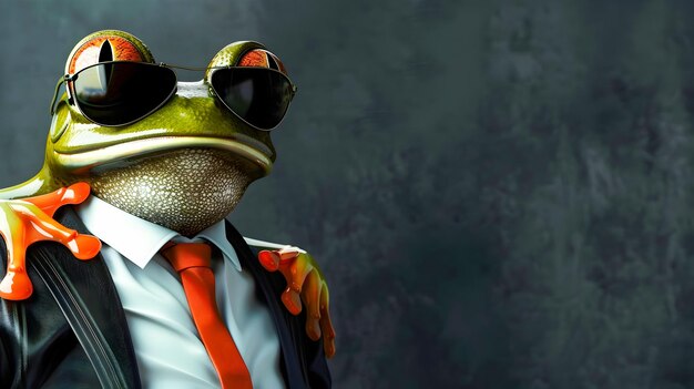 Stylish Tree Frog Wearing Suit and Sunglasses Formal Business Attire Amphibian Portrait with Wide Screen Copyspace Conceptual Corporate Animal