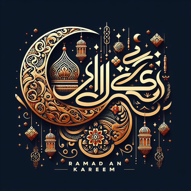 Stylish typography of Ramadan Kareem with ornamental elements