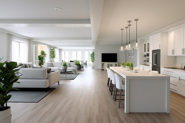 Stylish and upscale interior design merging a white kitchen dining and living area