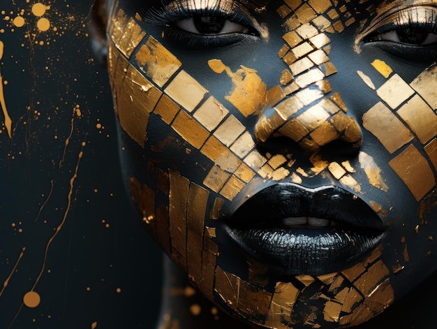 Stylish Urban Woman Covered in EyeCatching Black and Gold Paint AI Generated