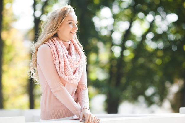 Stylish urban woman. Lady`s portrait outdoors. Spring, autumn, fall . Beautiful female outdoor.