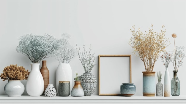 Photo stylish vases and frames neatly displayed against a pristine white backdrop