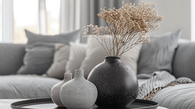 Stylish Vases with Dried Flowers on a Coffee Table