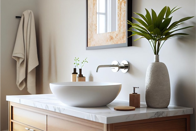 Stylish vessel sink on light countertop in modern bath