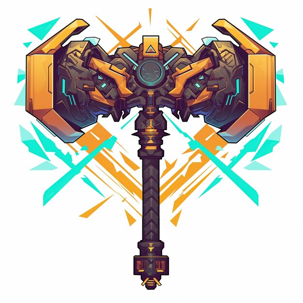 Stylish war hammer in cyberpunk style on a white background 2D logo