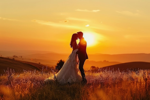 Stylish wedding photo shoot in nature at sunset