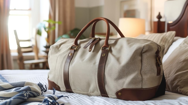 Photo a stylish weekender travel bag with leather accents sits on a cozy bed packed for a short escape