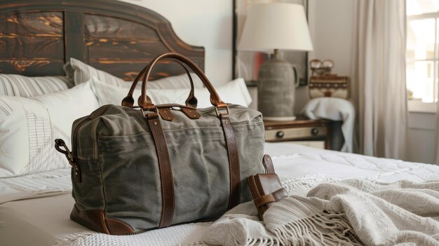 Photo a stylish weekender travel bag with leather accents sits on a cozy bed packed for a short escape