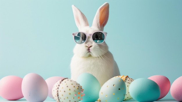 A stylish white bunny wearing sunglasses surrounded by pastelcolored Easter eggs