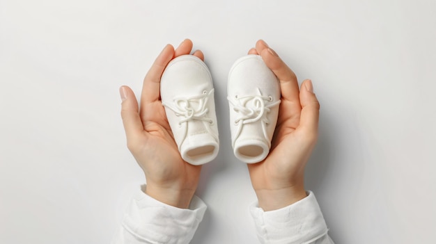 Photo stylish white cotton baby shoes held by womans hands