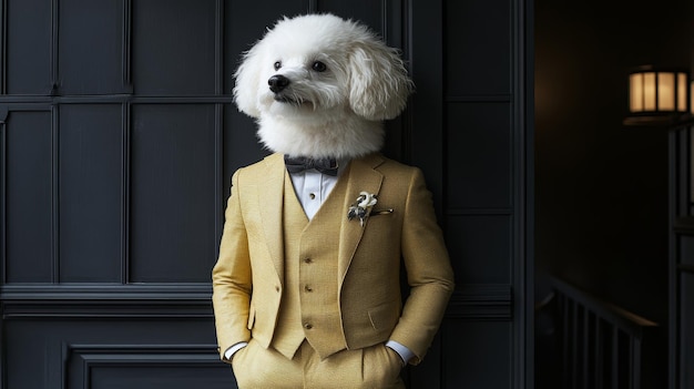 Photo stylish white dog in a yellow suit bow tie and boutonniere standing by a dark wall