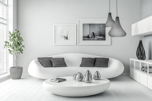 Photo stylish white living room showcasing a collection of bold sculptures for modern interior design inspiration