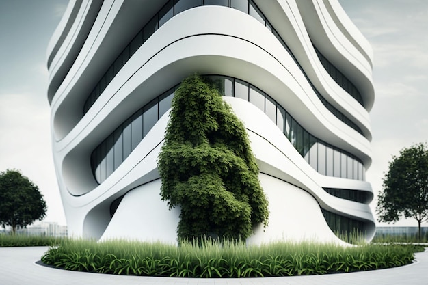 Stylish white modern building with smooth facade lines with green plants building project of the city of the future infrastructure development and green eco among the city streets Generative AI