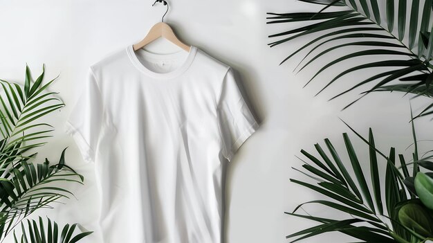 Stylish White TShirt Mockup on Hanger with Leaves Flat Lay Style for Fashion Branding Custom Apparel Design and Trendy Product Presentation on Minimalist Background