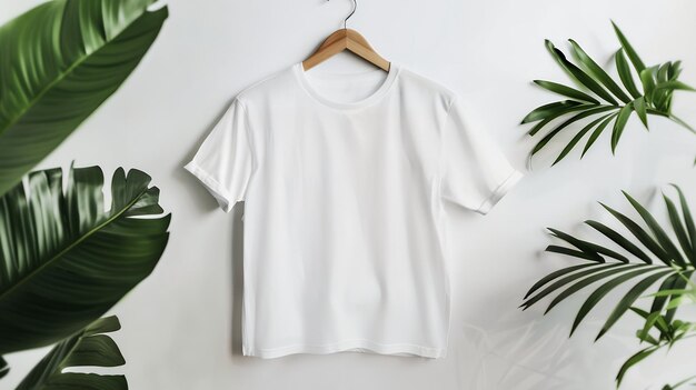 Stylish White TShirt Mockup on Hanger with Leaves Flat Lay Style for Fashion Branding Custom Apparel Design and Trendy Product Presentation on Minimalist Background