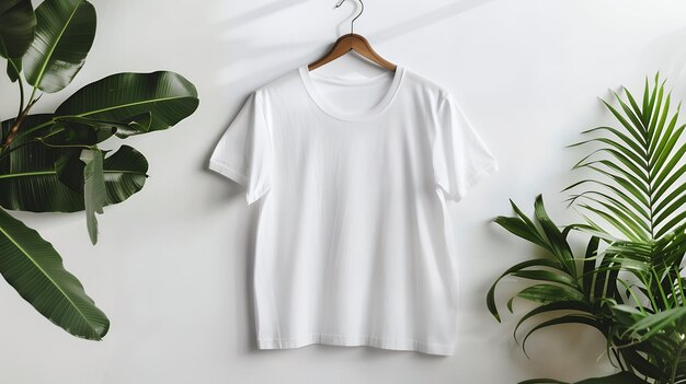 Stylish White TShirt Mockup on Hanger with Leaves Flat Lay Style for Fashion Branding Custom Apparel Design and Trendy Product Presentation on Minimalist Background