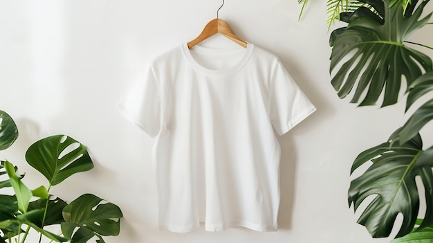 Stylish White TShirt Mockup on Hanger with Leaves Flat Lay Style for Fashion Branding Custom Apparel Design and Trendy Product Presentation on Minimalist Background