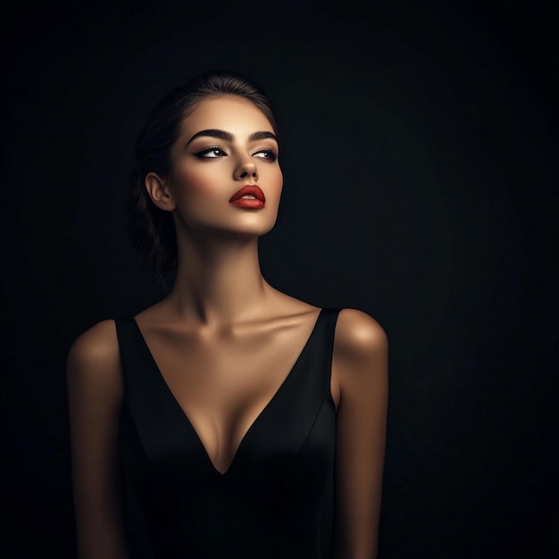 Stylish Woman Black Dress Red Lipstick Image