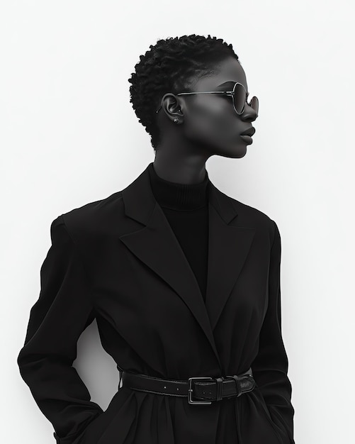 Photo stylish woman in black outfit and sunglasses poses elegantly against a minimalist backdrop embodying modern fashion and confidence