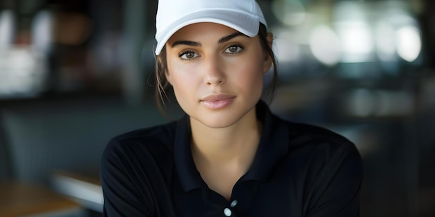 Stylish woman in black polo and white cap enjoying at the golf course cafe Concept Fashion Golf Lifestyle Outdoor Photoshoot Style Inspiration