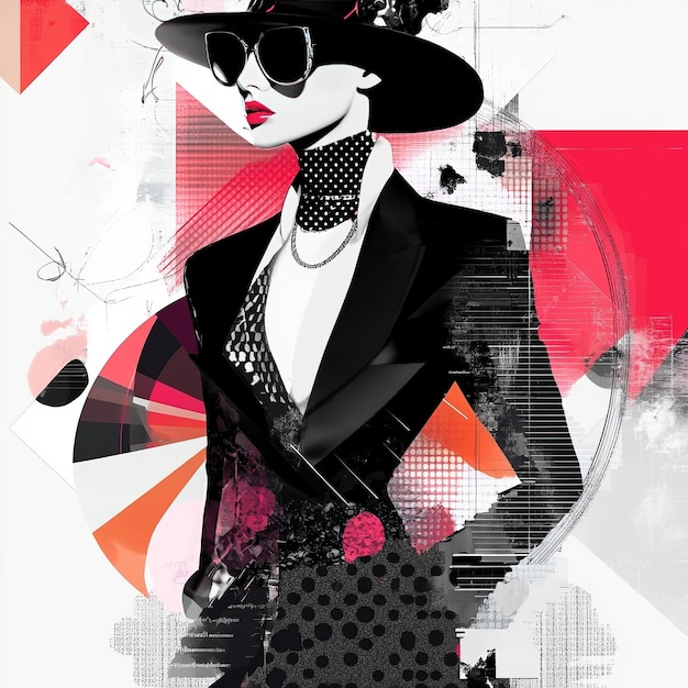 Photo stylish woman in a black suit sunglasses and hat posing against a geometric red and white background