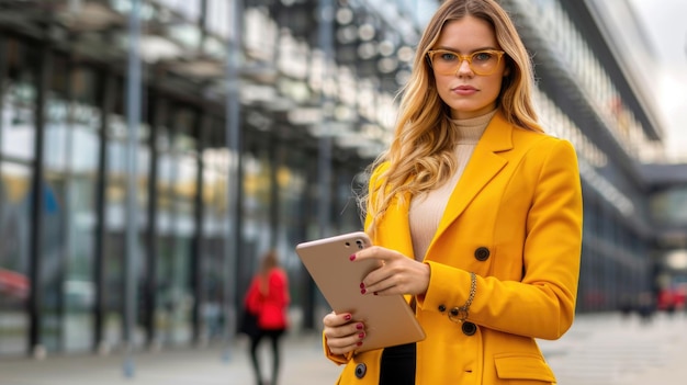 Photo a stylish woman in a bright yellow blazer stands in front of a modern building using a tablet