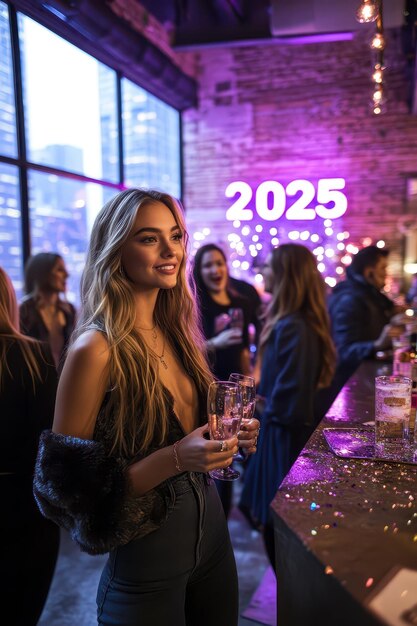 Photo stylish woman celebrating new year with friends at a trendy venue