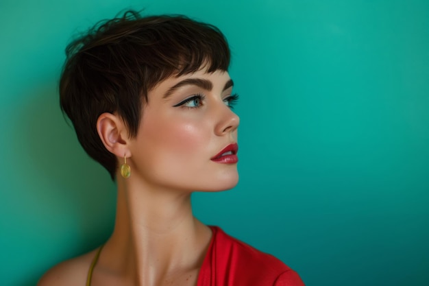 Stylish woman dons a trendy pixie haircut showcased tastefully on a vibrant teal backdrop