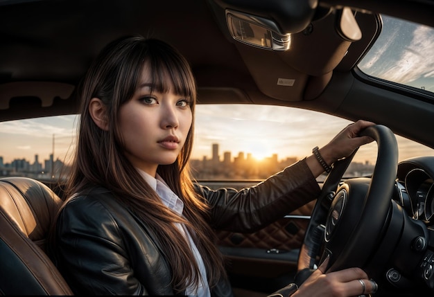 a stylish woman driving a car with a magic hour city as the background