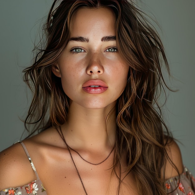 A stylish woman in a floral top strikes a pose for a portrait