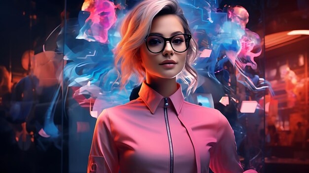 Photo a stylish woman in a futuristic setting with vibrant colors