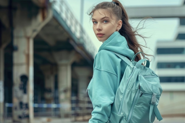 Stylish woman in green hoody and backpack sporty fashion